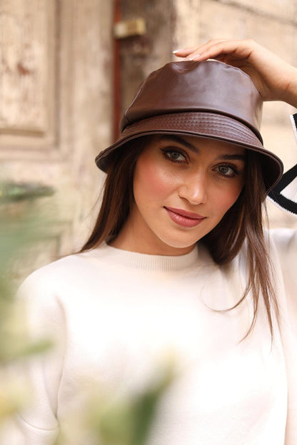 Women's Leather Bucket Hat RKŞ-02 Brown