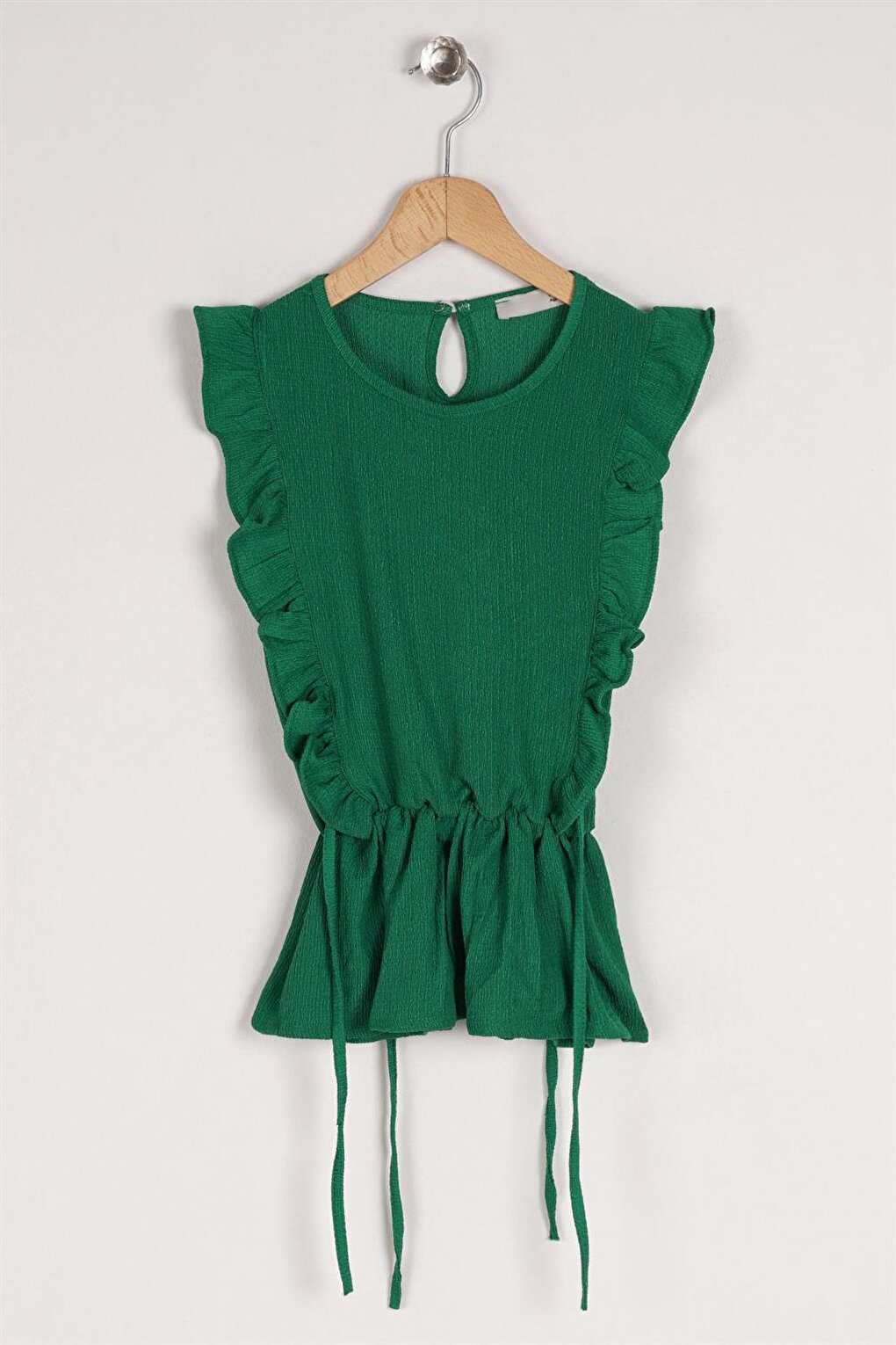 Girl's Dark Green Colored T-Shirt with Ruffled Sleeves and Elastic Waist Detail