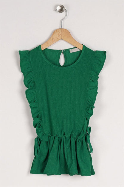 Girl's Dark Green Colored T-Shirt with Ruffled Sleeves and Elastic Waist Detail