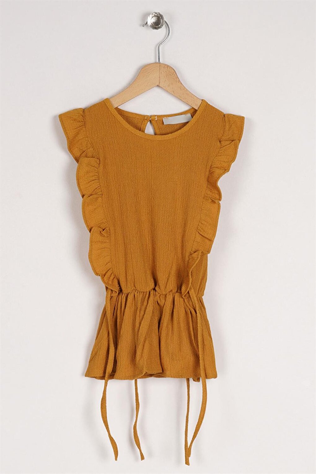 Girl's Mustard Colored T-Shirt with Ruffled Sleeves and Elastic Waist Detail