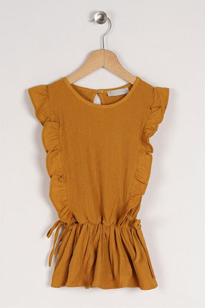 Girl's Mustard Colored T-Shirt with Ruffled Sleeves and Elastic Waist Detail