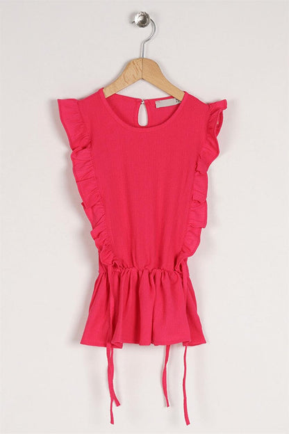 Girl's Fuchsia Colored T-Shirt with Ruffled Sleeves and Elastic Waist Detail