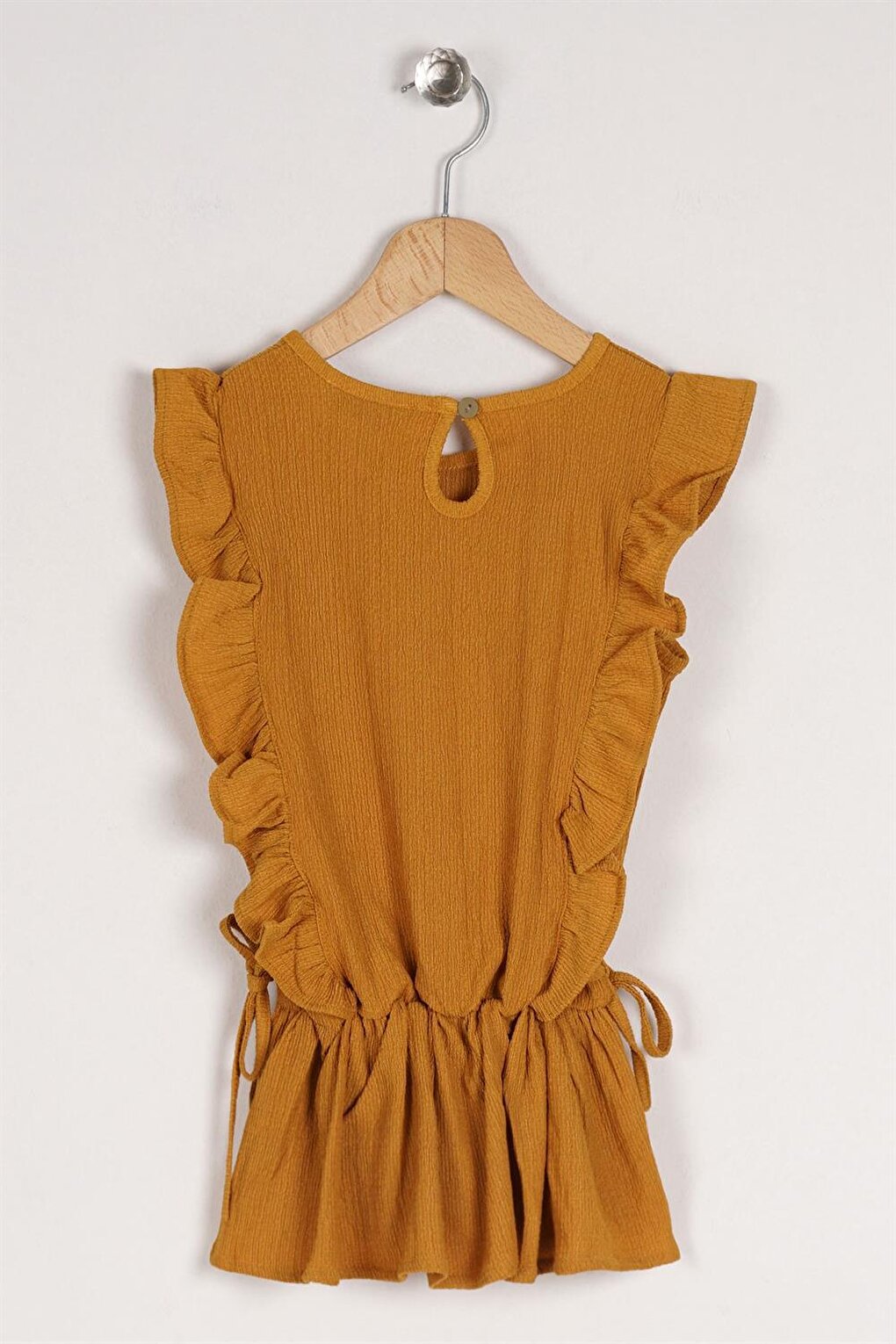 Girl's Mustard Colored T-Shirt with Ruffled Sleeves and Elastic Waist Detail