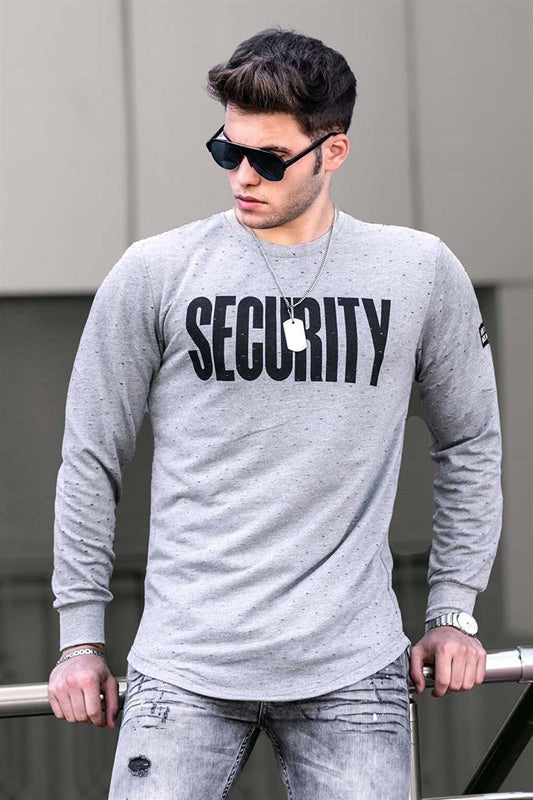 Gray Ripped Detailed Printed Sweatshirt 4126