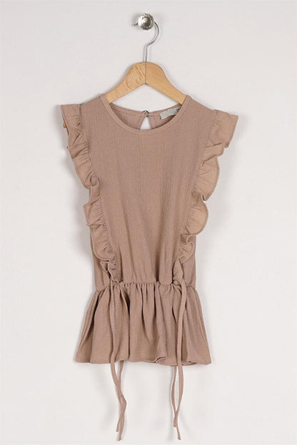 Girl's Beige Colored T-Shirt with Ruffled Sleeves and Elastic Waist Detail