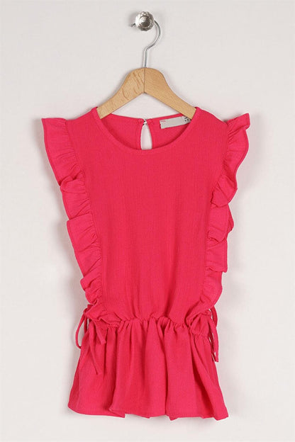 Girl's Fuchsia Colored T-Shirt with Ruffled Sleeves and Elastic Waist Detail