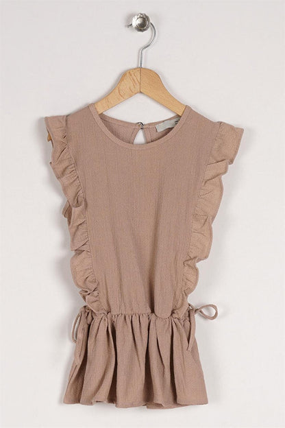 Girl's Beige Colored T-Shirt with Ruffled Sleeves and Elastic Waist Detail