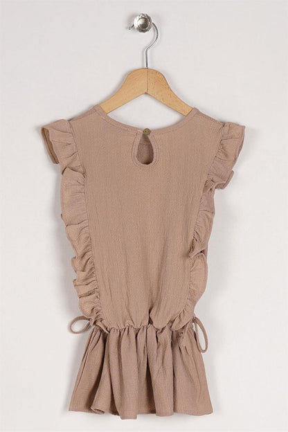 Girl's Beige Colored T-Shirt with Ruffled Sleeves and Elastic Waist Detail