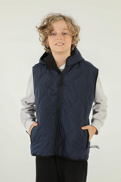 Hooded Double Pocket Zipper Detailed Boy's Vest