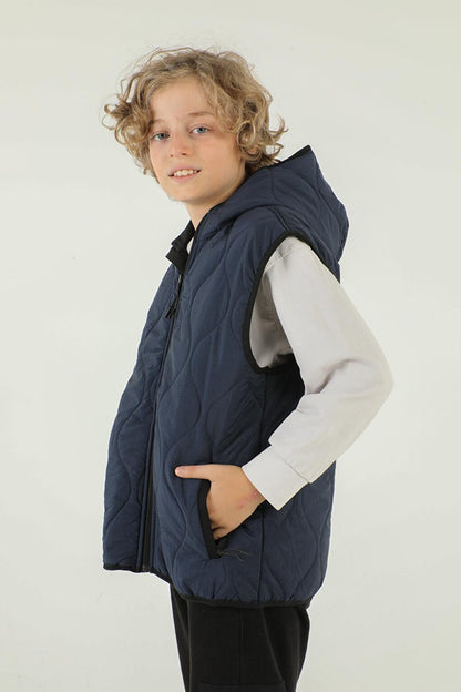 Hooded Double Pocket Zipper Detailed Boy's Vest