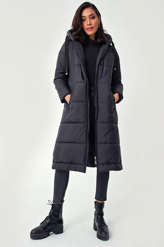 Women's Black Hooded Long Puffer Coat