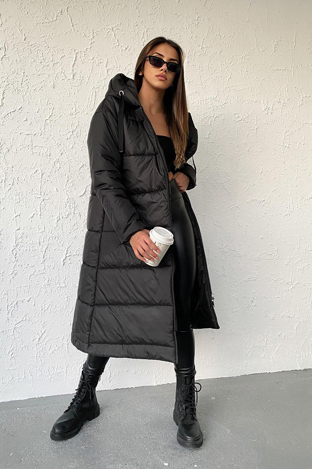 Women's Black Hooded Long Puffer Coat