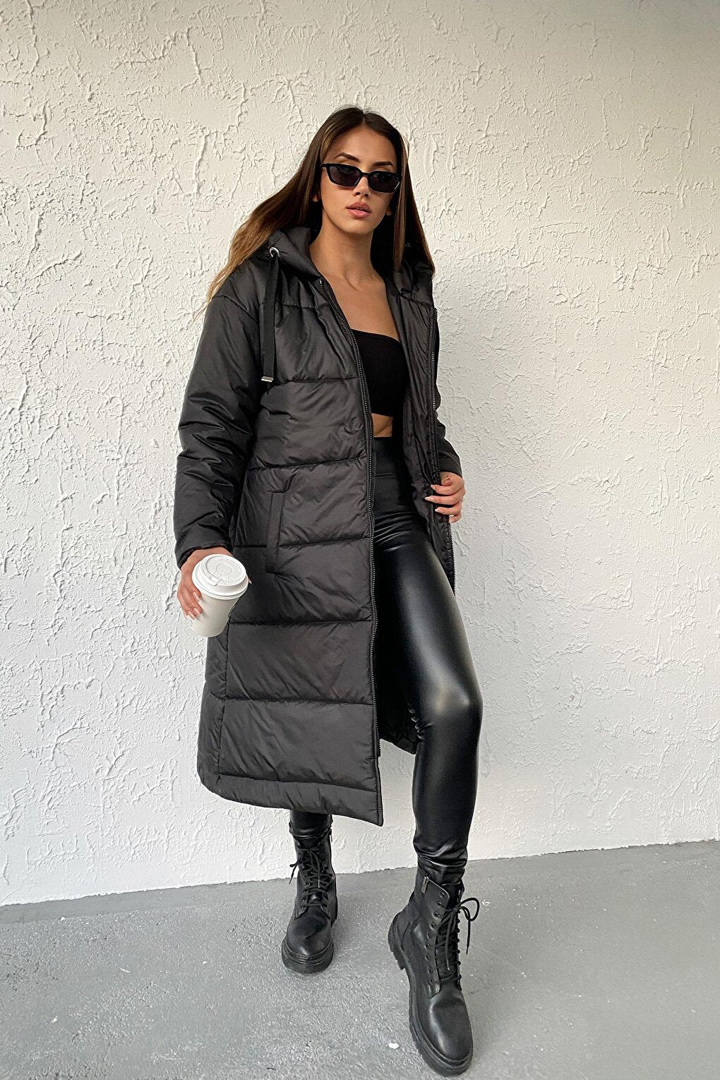 Women's Black Hooded Long Puffer Coat