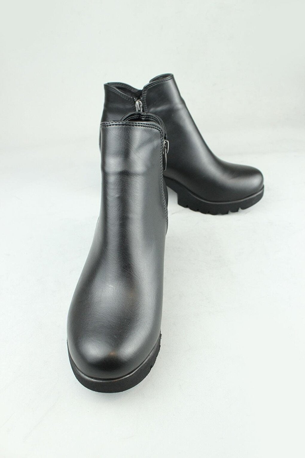 0718 Side Zipper Vegan Leather Heeled Boots Women Black