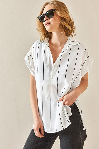 White Striped Polo Neck Oversize Shirt 3YXK2-47080-01