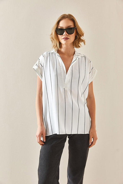 White Striped Polo Neck Oversize Shirt 3YXK2-47080-01