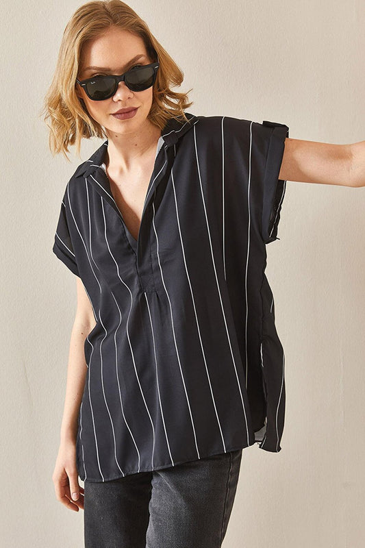 Black Striped Polo Neck Oversize Shirt 3YXK2-47080-02