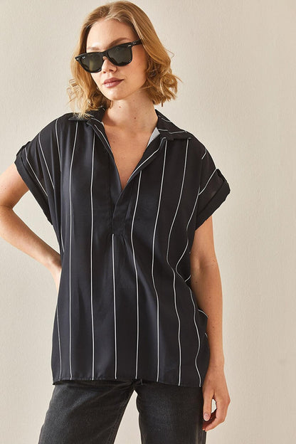 Black Striped Polo Neck Oversize Shirt 3YXK2-47080-02