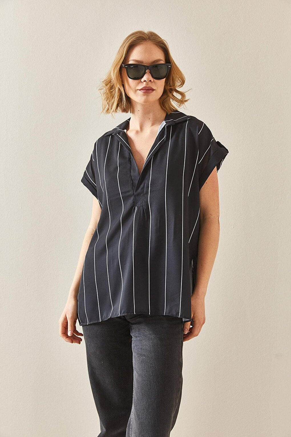 Black Striped Polo Neck Oversize Shirt 3YXK2-47080-02