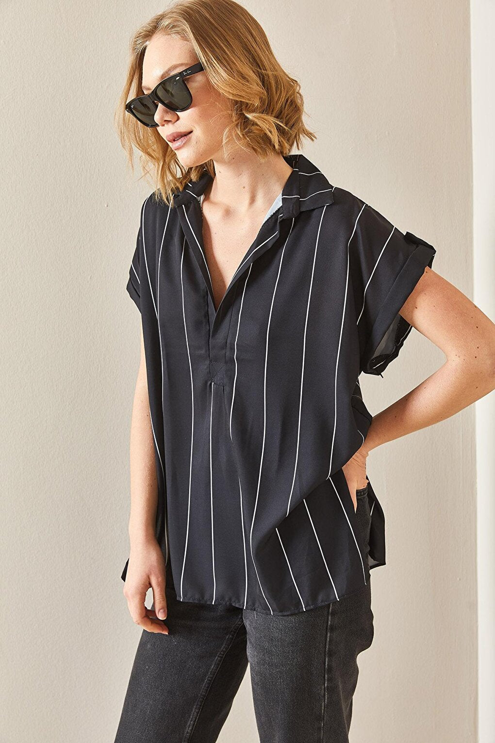 Black Striped Polo Neck Oversize Shirt 3YXK2-47080-02