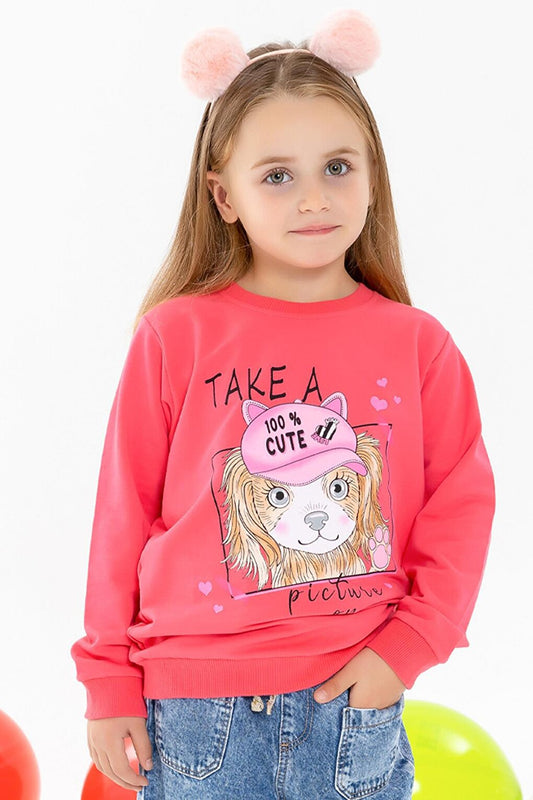 Girl's Sweatshirt Puppy Printed Coral (Age 3-6)