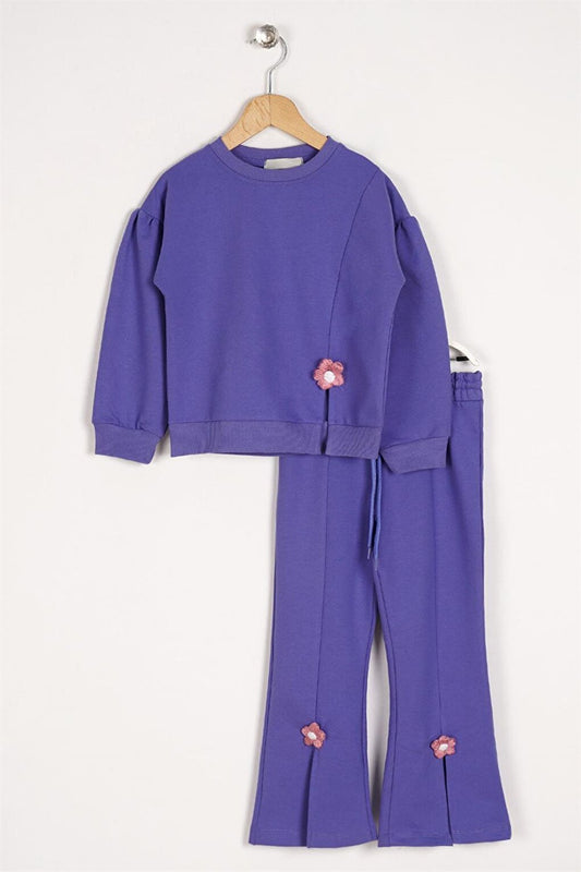 Girl's Purple Color Long Sleeve Tracksuit Suit with Daisy Detail on Slit