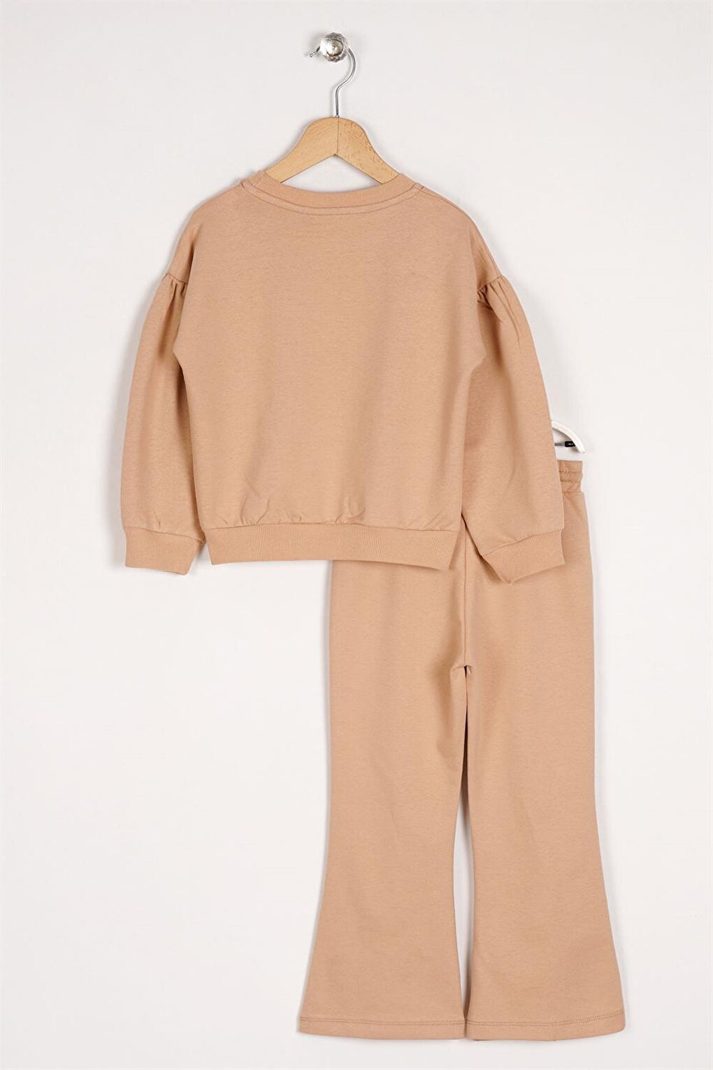 Girl's Beige Long Sleeve Tracksuit Suit with Daisy Detail on the Slit