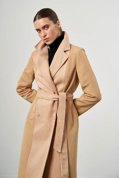 Camel Trench Coat with Stamp Block