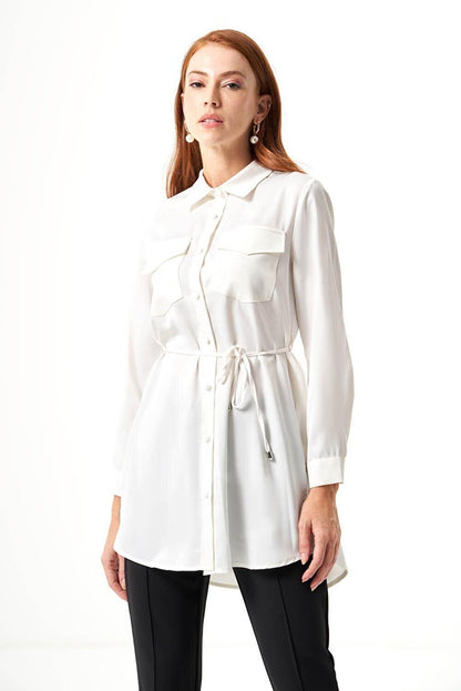 Satin Ecru Tunic with Pocket Detail