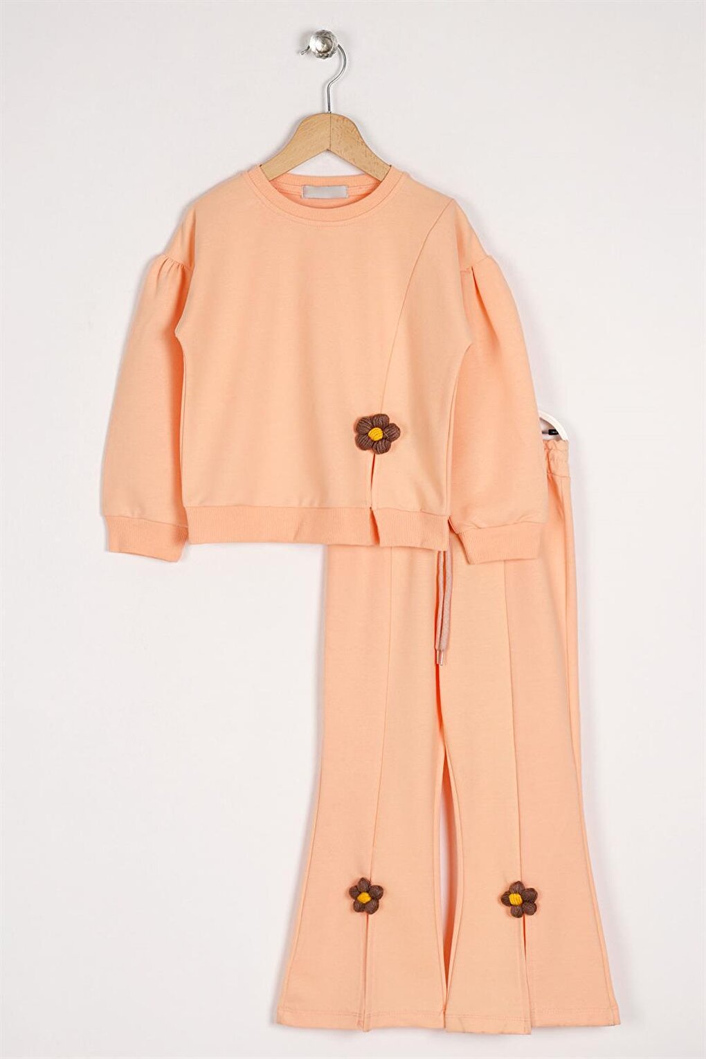 Girl's Salmon Color Long Sleeve Tracksuit Suit with Daisy Detail on the Slit