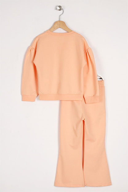 Girl's Salmon Color Long Sleeve Tracksuit Suit with Daisy Detail on the Slit