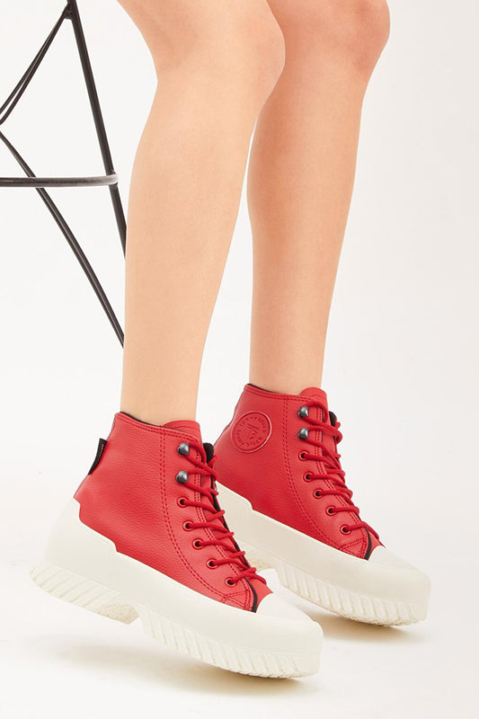 Women's Red Comfortable Mold High Sole Lace-up Sneakers