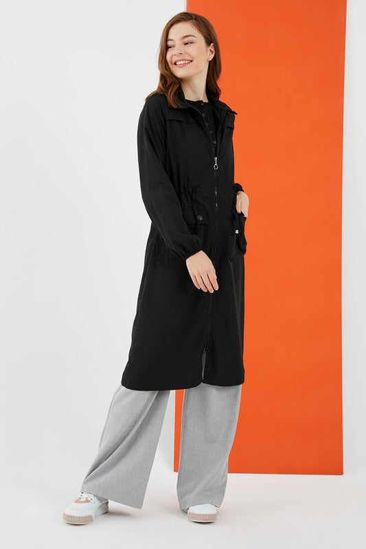 Women's Black Tie Waist Zipper Trench Coat