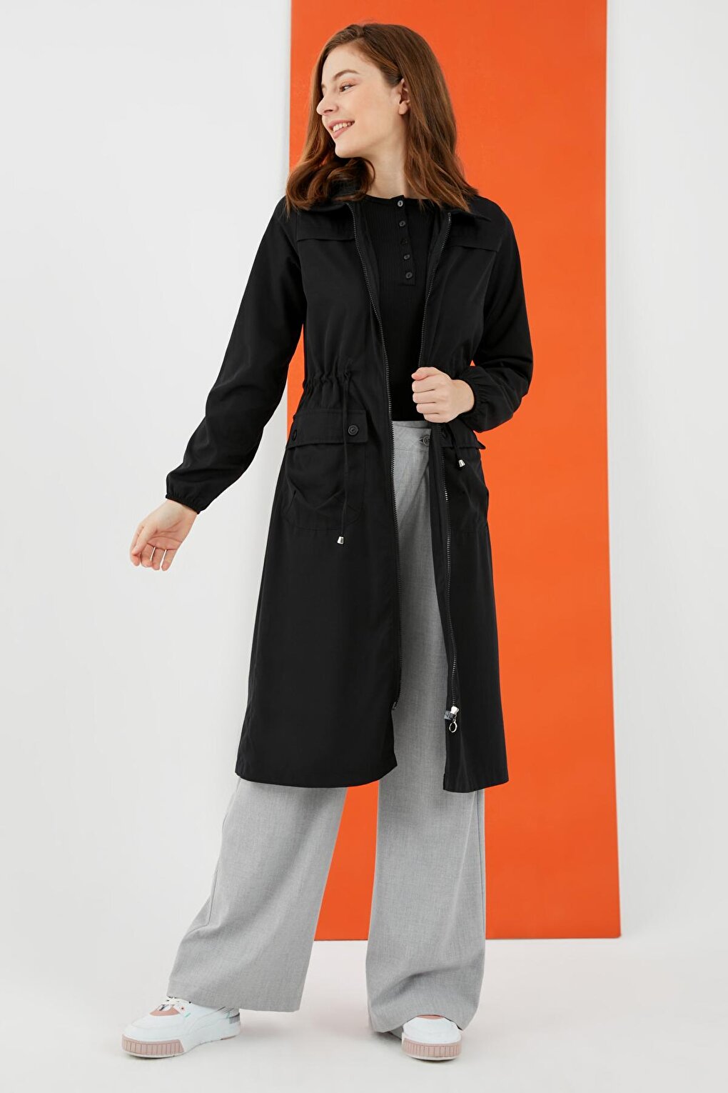 Women's Black Tie Waist Zipper Trench Coat