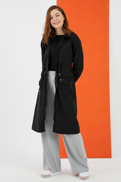 Women's Black Tie Waist Zipper Trench Coat