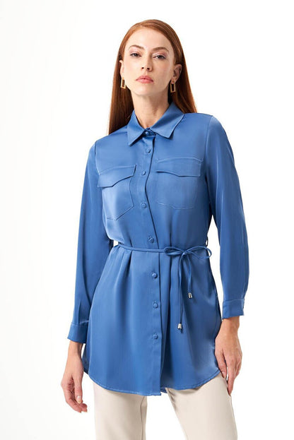 Satin Indigo Tunic with Pocket Detail