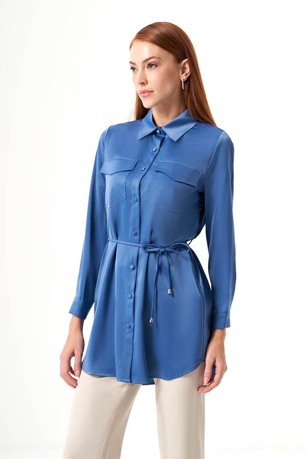 Satin Indigo Tunic with Pocket Detail