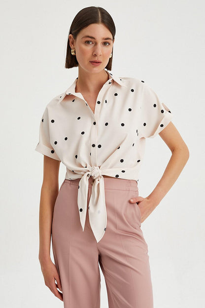 Women's Shirt Collar Polka Dot Tie Detail Epaulette Shirt