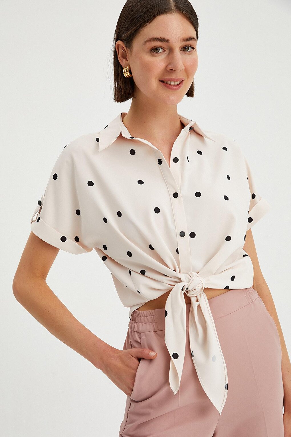 Women's Shirt Collar Polka Dot Tie Detail Epaulette Shirt