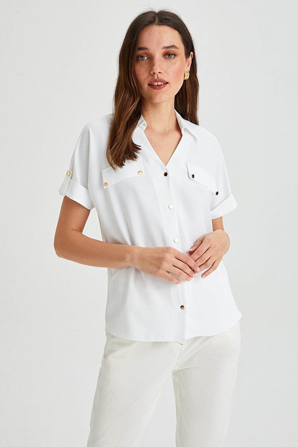 Women's Decorative Pocket Short Sleeve Epaulette Shirt