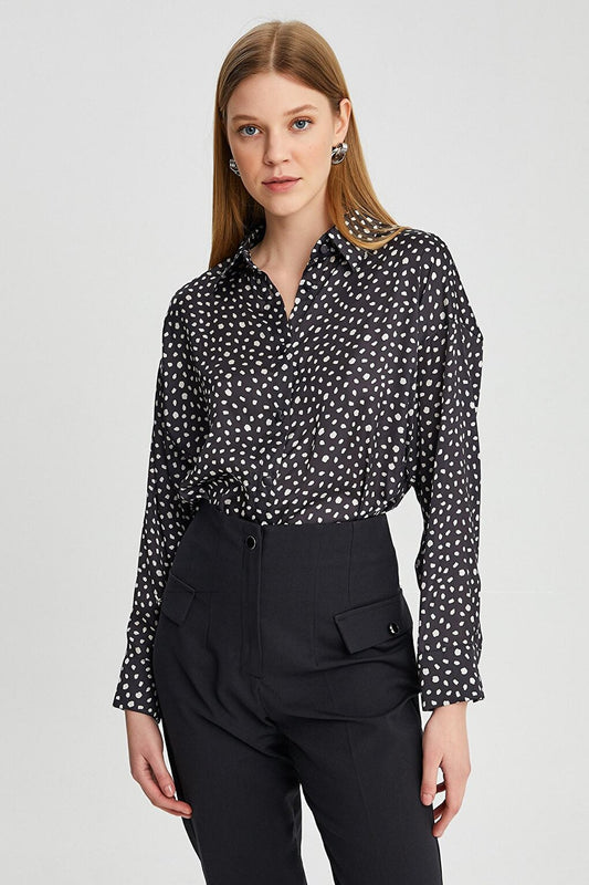 Women's Printed Long Sleeve Polka Dot Satin Shirt