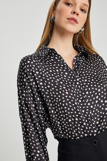 Women's Printed Long Sleeve Polka Dot Satin Shirt