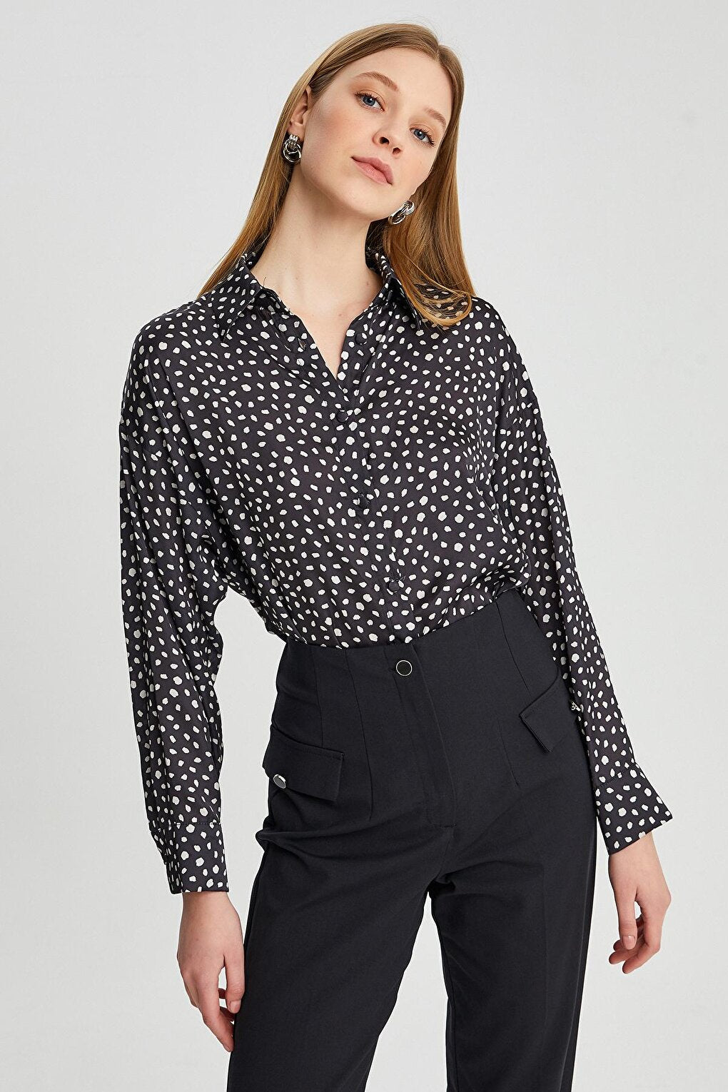 Women's Printed Long Sleeve Polka Dot Satin Shirt