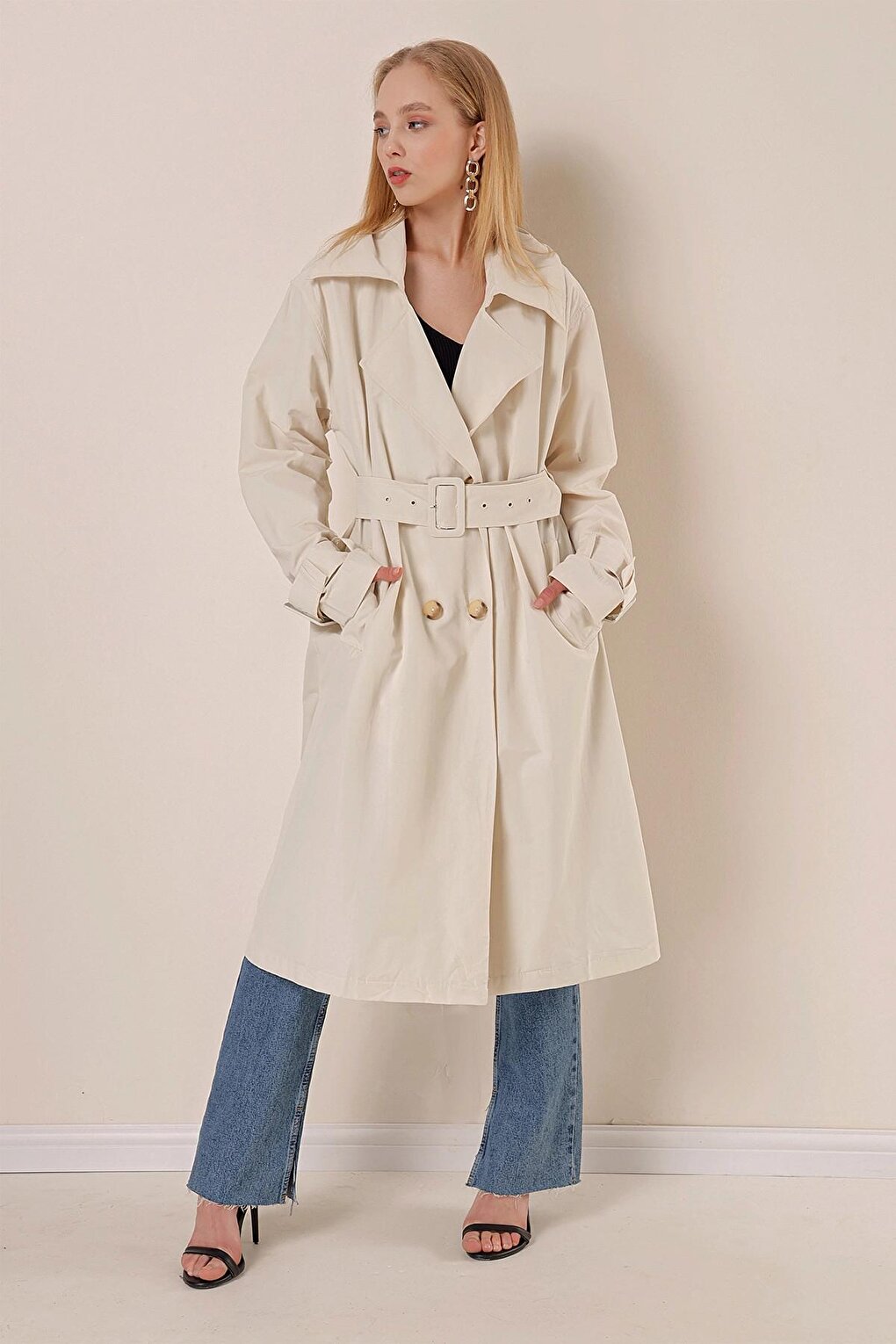 Belted Buttoned Oversize Trench Coat with Ecru Sleeve Detail