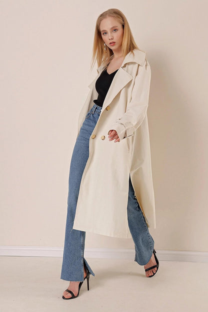 Belted Buttoned Oversize Trench Coat with Ecru Sleeve Detail