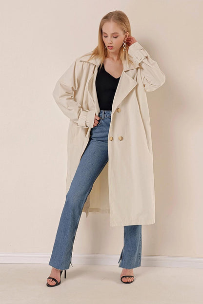 Belted Buttoned Oversize Trench Coat with Ecru Sleeve Detail