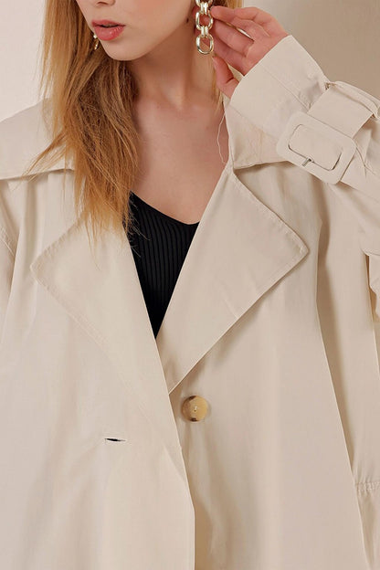 Belted Buttoned Oversize Trench Coat with Ecru Sleeve Detail