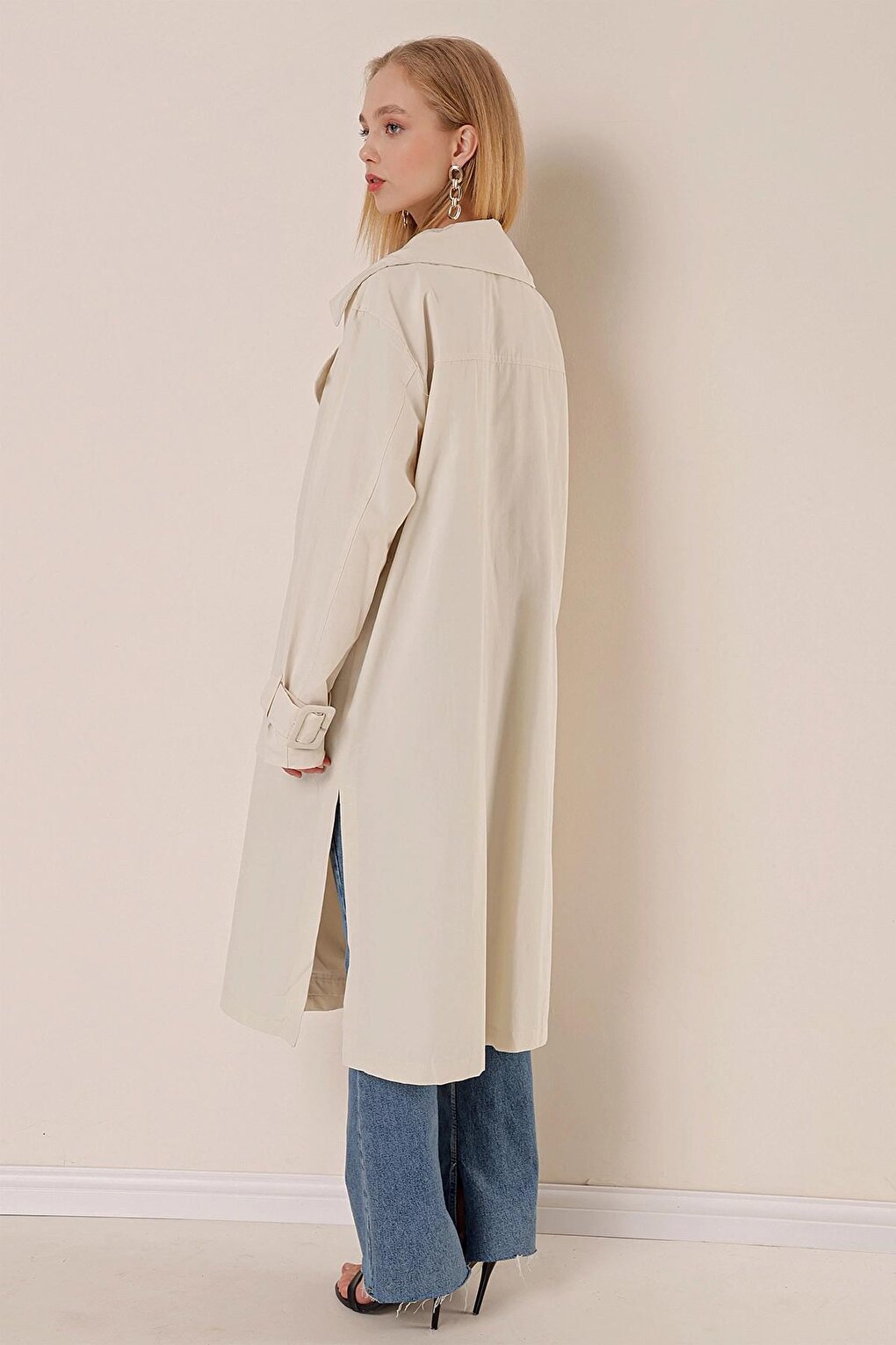 Belted Buttoned Oversize Trench Coat with Ecru Sleeve Detail