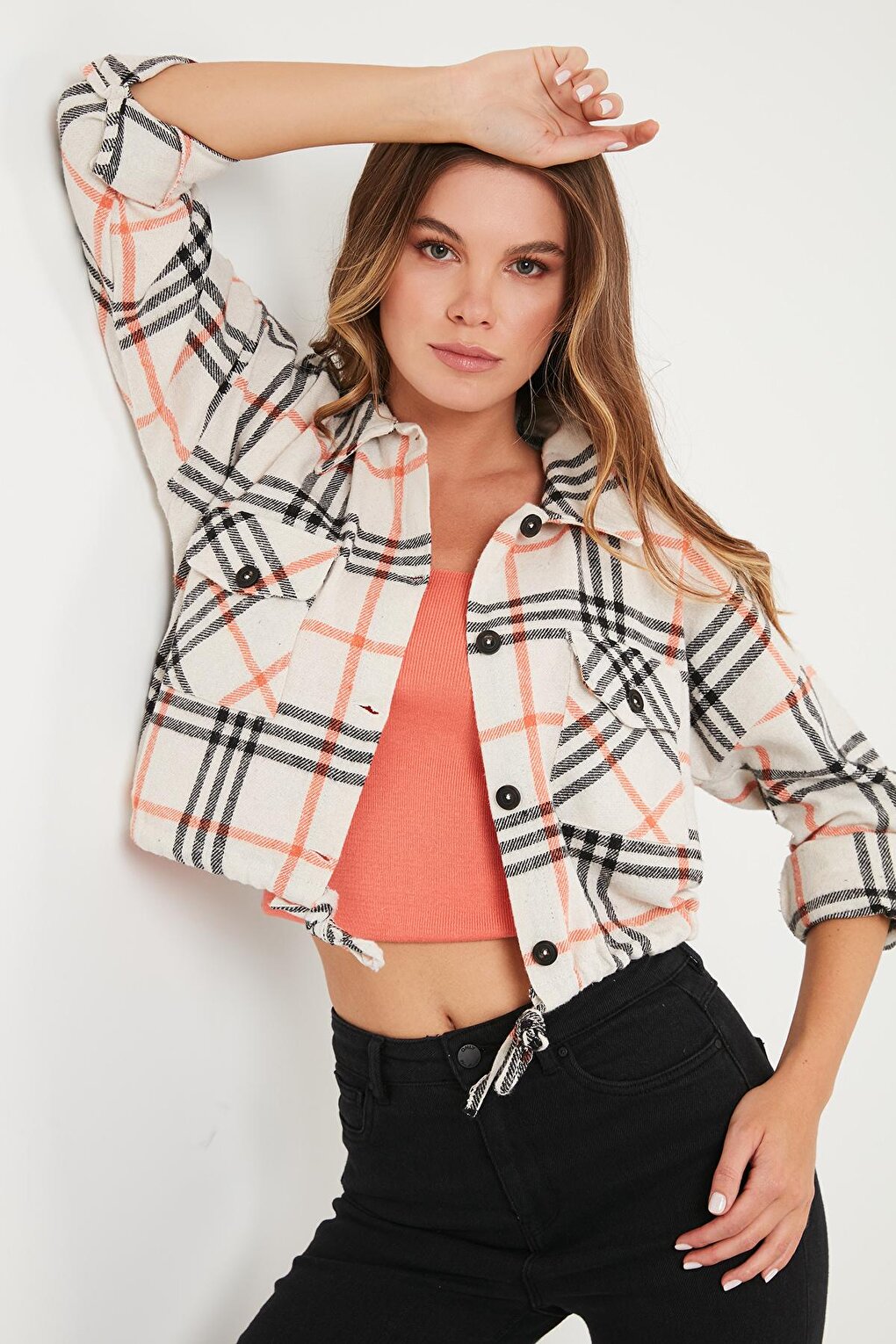 Cotton Ruffle Detailed Double Pocket Jacket Lumberjack Shirt 59120463