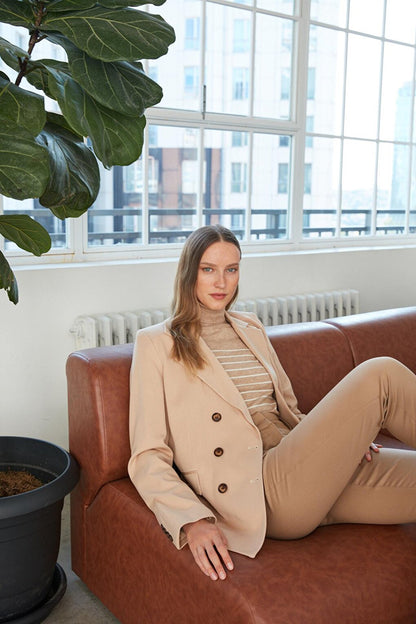 Women's Beige Button Detailed Boyfriend Blazer Jacket